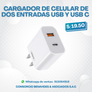 Cargador de Celular de Dos Entradas USB y USB C