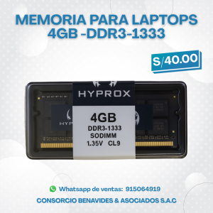 Memoria para Laptops 4gb -ddr3-1333